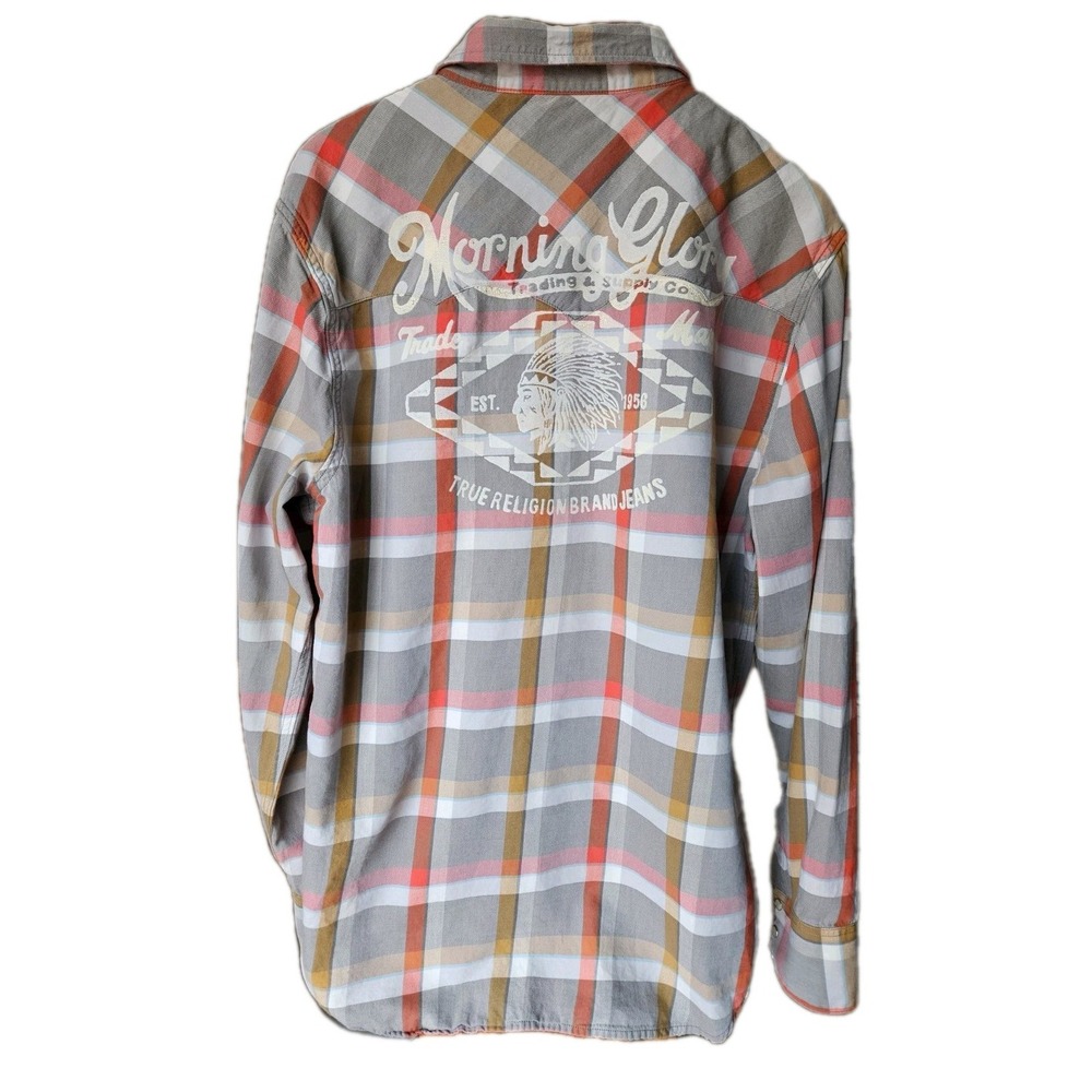 True Religion Morning Glory Plaid Western Shirt Mens 3XL Pearl Snap Orange